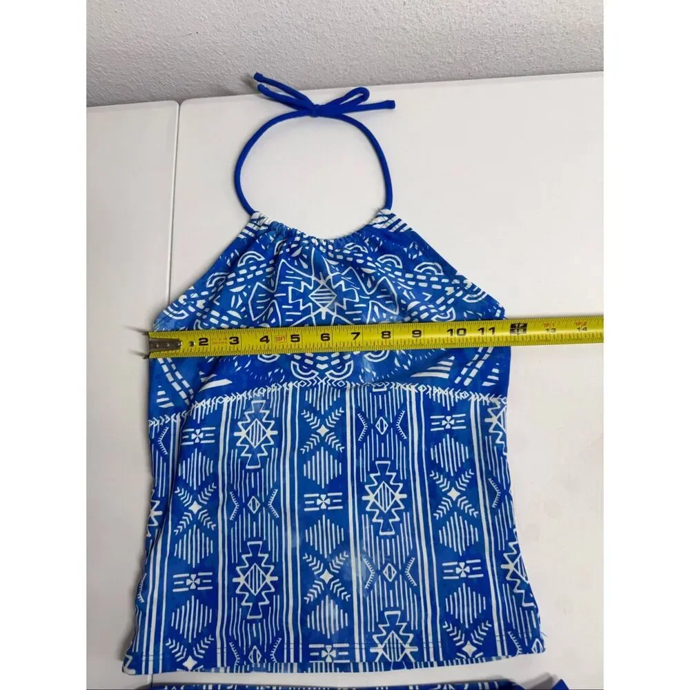 Breaking Waves Girls Size 10 Blue White Tankini Swimsuit 2 Piece UPF Beach Pool